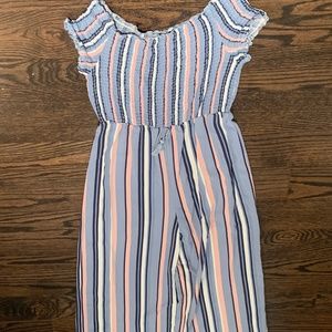 Vertical Stripe Wide Leg On / Off Shoulder Romper